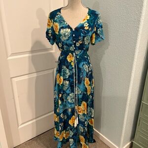 Teal Floral V-Neck Midi Dress with Yellow Blooms